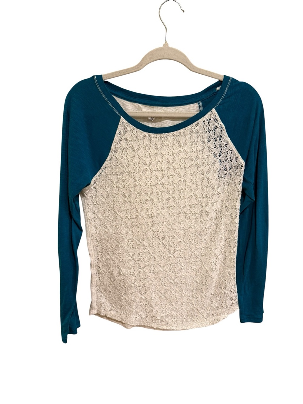 Aeropostale Teal Cotton Blend Raglan Long-Sleeve with Cream Lace Front - Size M